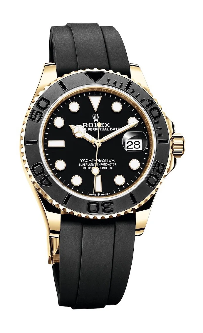 Yachtmaster 42mm in YELLOW Gold with Black Bezel on Black Oysterflex Rubber Strap with Black Dial