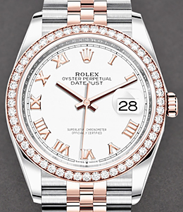 Datejust 36mm in Steel with Rose Gold Diamond Bezel on Jubilee Bracelet with White Roman Dial