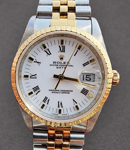 Date 34mm in Steel with Yellow Gold Fluted Bezel on Jubilee Bracelet with White Roman Dial