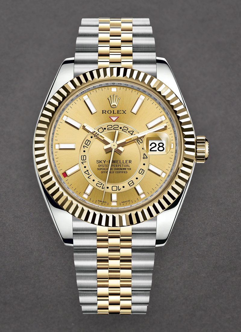 Pre-Owned Rolex Sky Dweller 42mm in Steel with Yellow Gold Fluted Bezel