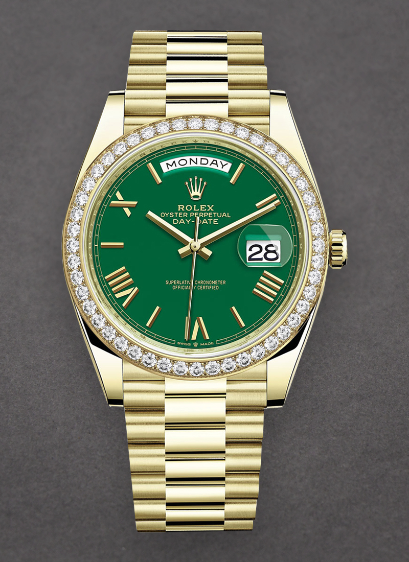 Rolex Unworn Day Date 40mm in Yellow Gold with Diamond Bezel