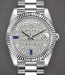 Day Date 40mm White Gold with Fluted Bezel on President Bracelet with Paved Diamond Dial