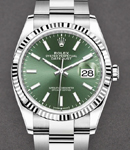 Datejust 36mm in Steel and White Gold Fluted Bezel on Oyster Bracelet with Mint Green Stick Dial