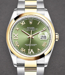 Datejust 36mm in Steel with Yellow Gold Smooth Bezel on Oyster Bracelet with Olive Green Roman Dial with Diamond VI & iX