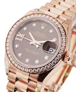 Ladies Rose Gold President in Rose Gold with Diamond Bezel on President Bracelet with Chocolate Diamond Dial