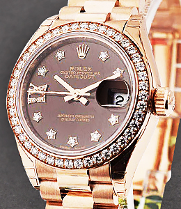 Ladies Rose Gold President in Rose Gold with Diamond Bezel on President Bracelet with Chocolate Diamond Dial