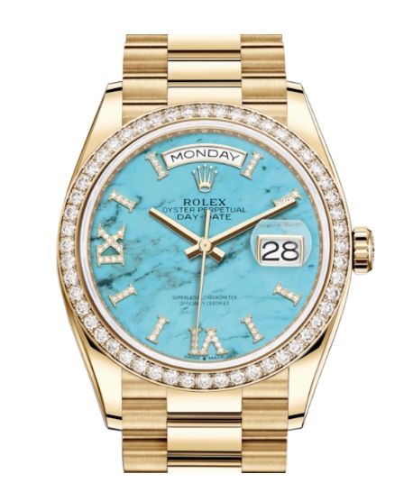 President 36mm in Yellow Gold with Fluted Bezel on President Bracelet with Turquoise Blue Diamond Dial