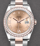 Datejust 36mm in Steel with Rose Gold Diamond Bezel on Oyster Bracelet with Pink Roman Dial - Diamonds on VI and IX