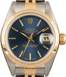 Datejust Ladies 26mm in Steel with Yellow Gold Smooth Bezel on Jubilee Bracelet with Blue Stick Dial