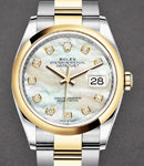 Datejust 36mm in Steel with Yellow Gold Smooth Bezel on Oyster Bracelet with MOP Diamond Dial