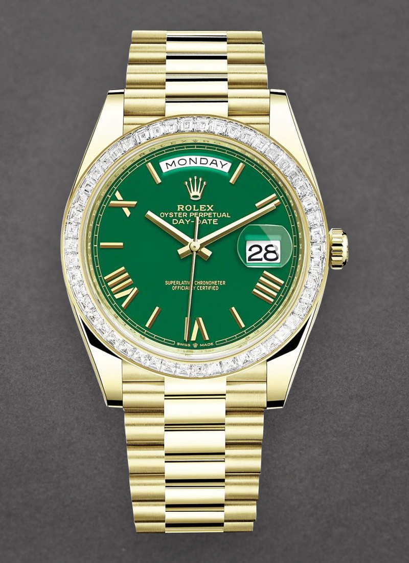 Rolex Unworn Day Date 40mm in Yellow Gold with Baguette Diamond Bezel