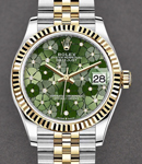 Mid Size Datejust 31mm in Steel with Yellow Gold Fluted Bezel on Jubilee Braclet with Green Floral Diamond Dial