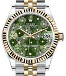 Mid Size Datejust 31mm in Steel with Yellow Gold Fluted Bezel on Jubilee Braclet with Green Floral Diamond Dial