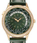 7130r  Ladys World Time in Rose Gold with Diamond Bezel on Green Calfskin Leather Strap with Green Dial