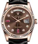 Day Date 36mm President in Rose Gold with Fluted Bezel on Strap with Chocolare Diamond Dial