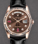 Day Date 36mm President in Rose Gold with Fluted Bezel on Strap with Chocolare Diamond Dial