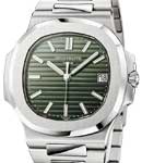Nautilus 5711 in Steel with Baguette Diamond Bezel on Steel Bracelet with Sunburst Olive Green Dial 