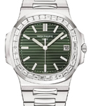 Nautilus 5711 in Steel with Baguette Diamond Bezel on Steel Bracelet with Sunburst Olive Green Dial 