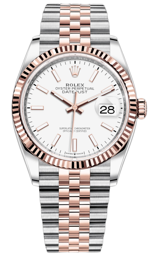 Datejust 36mm in Steel with Rose Gold Fluted Bezel on Jubilee Bracelet with White Stick Dial