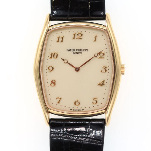 Tonneau Shapped Gondolo Ref 3842J in Yellow Gold Silver Arabic Numerals Dial on Strap