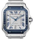 Cartier Santos Square Large Size in Steel with Blue Bezel on Steel Bracelet with Grey Dial