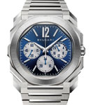 Octo Finissimo Chronograph GMT 43mm in Steel on Steel Bracelet with Blue Dial - Silver Subdials