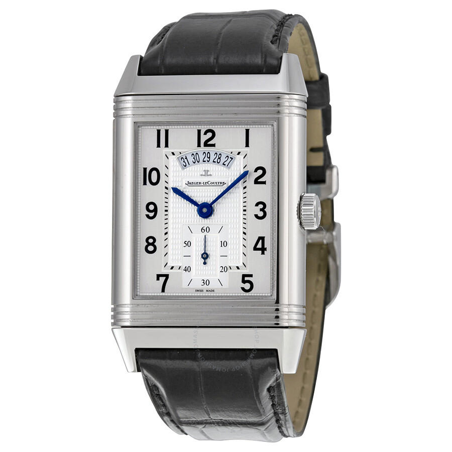 Reverso Grande Date in Steel on Black Crocodile Leather Strap with Silver Dial