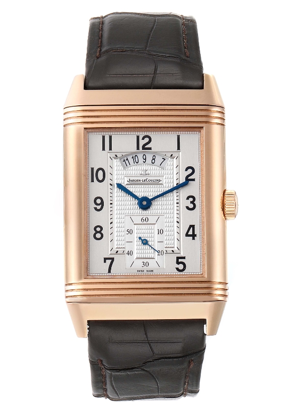 Reverso Grande Date in Rose Gold on Brown alligator Leather Strap with Silver Dial