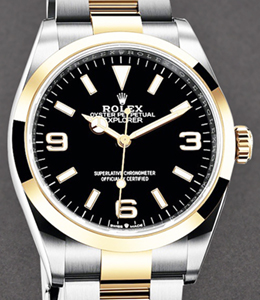 Explorer I 36mm in Steel with Yellow Gold Smooth Bezel on Oyster Bracelet with Black Dial Arabic at 3, 6, 9