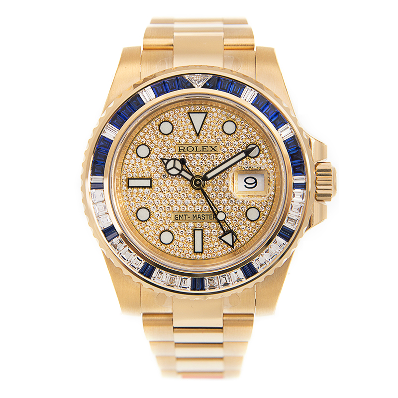 GMT Master II in Yellow Gold with Baguette Diamond Bezel on Oyster Bracelet with Pave Diamond Dial