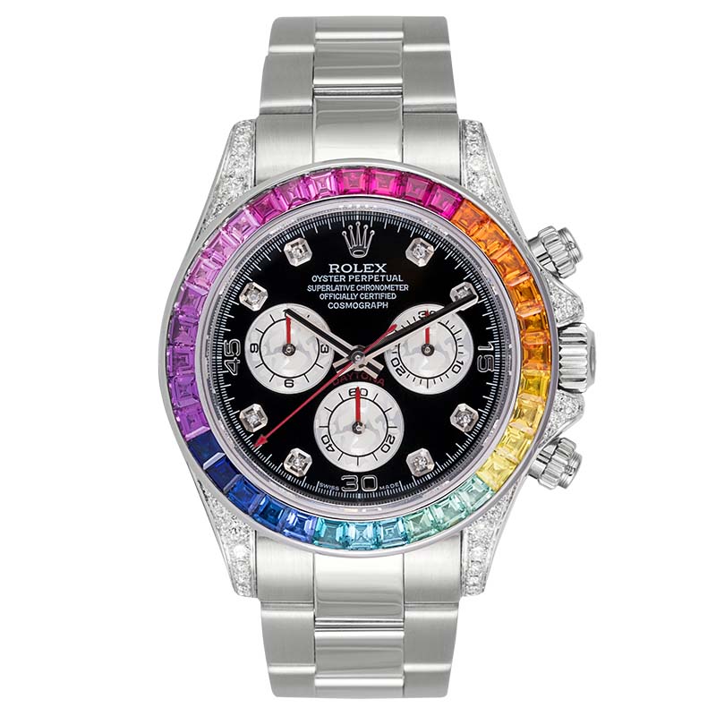 Daytona  in Steel with Custom Rainbow Bezel on Oysterlock Bracelet with Black Diamond Dial