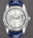President Day-Date 36mm in White Gold with Fluted Bezel on Strap with Silver Diamond Dial