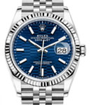 Datejust 36mm in Steel with White Gold Fluted Bezel on Jubilee Bracelet with Blue Fluted Stick Dial
