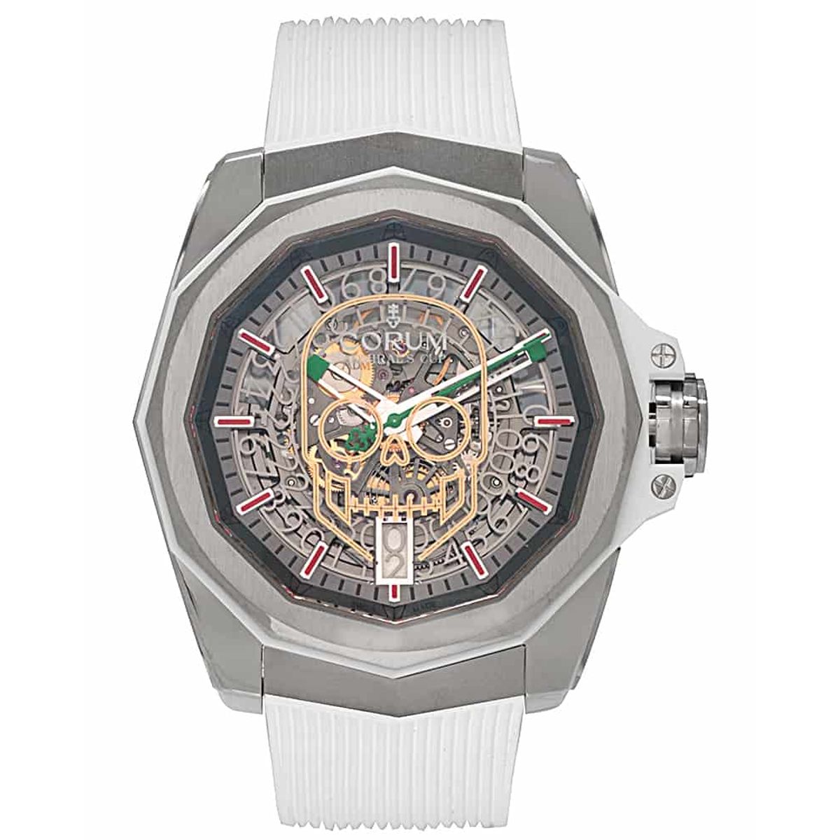 Corum Admiral's Cup AC-One in Stainless Steel - Limited Edition of 25 Pieces - on White Rubber Strap and Skeleton Dial with Skull Motif