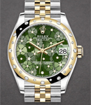 Midsize 31mm Datejust in Steel with Yellow Gold 24 Diamond Bezel on Jubilee Bracelet with Green Floral Diamond Dial