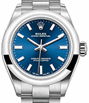 Ladies Oyster Perpetual No Date in Steel with Smooth Bezel  on Oyster Bracelet with Blue Stick Dial