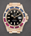 GMT Master II in Rose Gold with Ruby Diamond Bezel on Oyster Bracelet with Black Dial