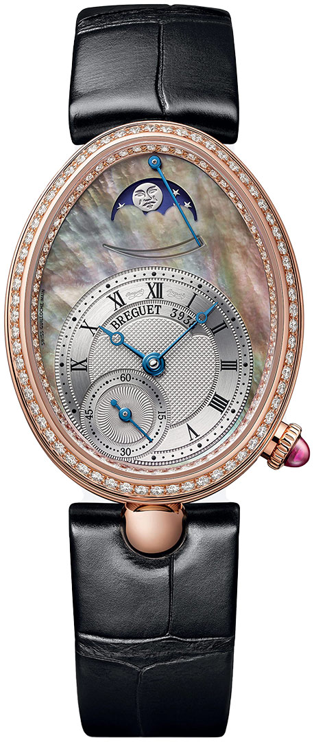Reine de Naples in Rose Gold with Diamond Bezel on Black Crocodile Leather Strap with Black Mother of Pearl Dial