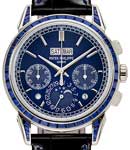 Perpetual Calendar Chronograph 5271P in Platinum with Blue Baguette Diamond Bezel on Black Crocodile Leather Strap with Blue Dial