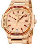 Nautilus 7118 Automatic in Rose Gold with Cognac Diamond Bezel on Rose Gold Bracelet with Rose-Gilt Waves Motif Dial - Baguette Marekers