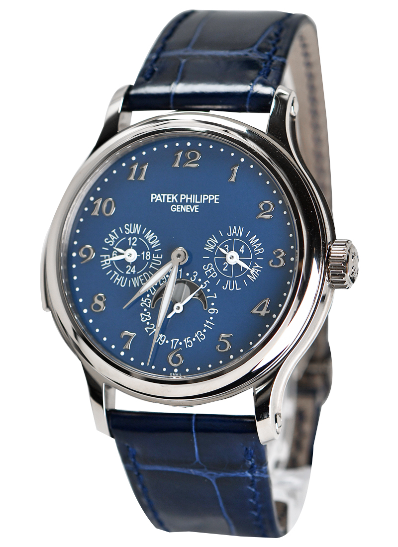 Minute Repeater Perpetual Calendar 5374 Mens 42mm Manual in White Gold on Black Alligator Leather Strap with Blue Arabic Dial