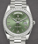 Day Date 40mm in White Gold with Diamond Bezel on President Bracelet with Olive Green Roman Dial