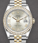 Datejust 36mm in Steel with Yellow Gold Diamond Bezel on Jubilee Bracelet with Silver Roman Dial - Diamonds on IV and IX