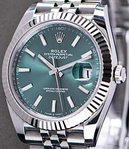 Datejust II 41mm in Steel with White Gold Fluted Bezel on Jubilee Bracelet with Mint Green Stick Dial