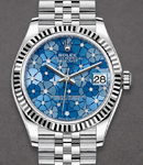 Mid Size 31mm Datejust in Steel with Fluted Bezel on Steel Jubilee Bracelet with Blue Floral Diamond Dial