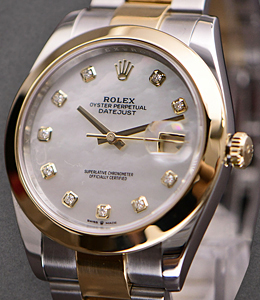  41mm 2-Tone Datejust in Steel and Yellow Gold with Smooth Bezel on Oyster Bracelet with White MOP Diamond Dial - Mark on Dial Between 8 and 9 O'clock