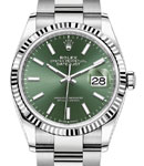 Datejust 36mm in Steel with White Gold Fluted Bezel on Oyster Bracelet with Green Stick Dial