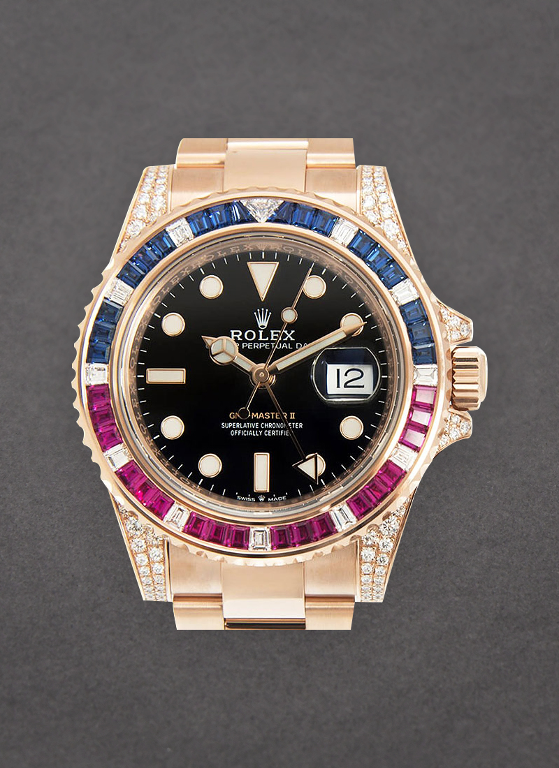 Pre-Owned Rolex GMT Master II in Rose Gold with Pepsi Saphire Bezel - Diamonds on lugs