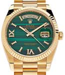 President 36mm in Yellow Gold with Fluted Bezel on President Bracelet with Green Malachite Dial - Roman Diamond Markers