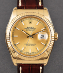 Datejust 36mm in Yellow Gold with Fluted Bezel on Brown Crocodile Leather Strap with Champagne Dial with Index Markers